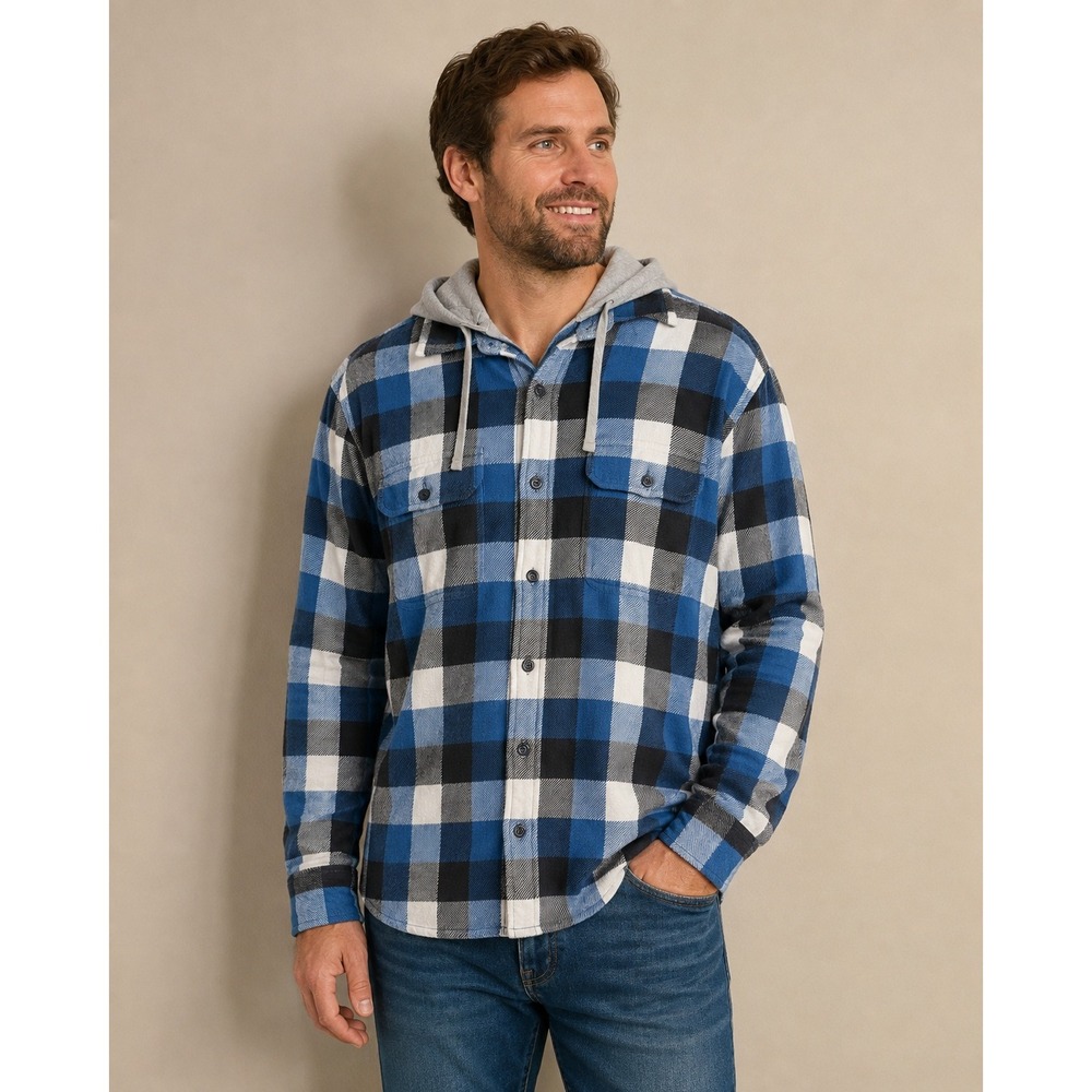 Y2K American Eagle Flannel Hoodie Men Large Blue Plaid Shacket Removeable Hood